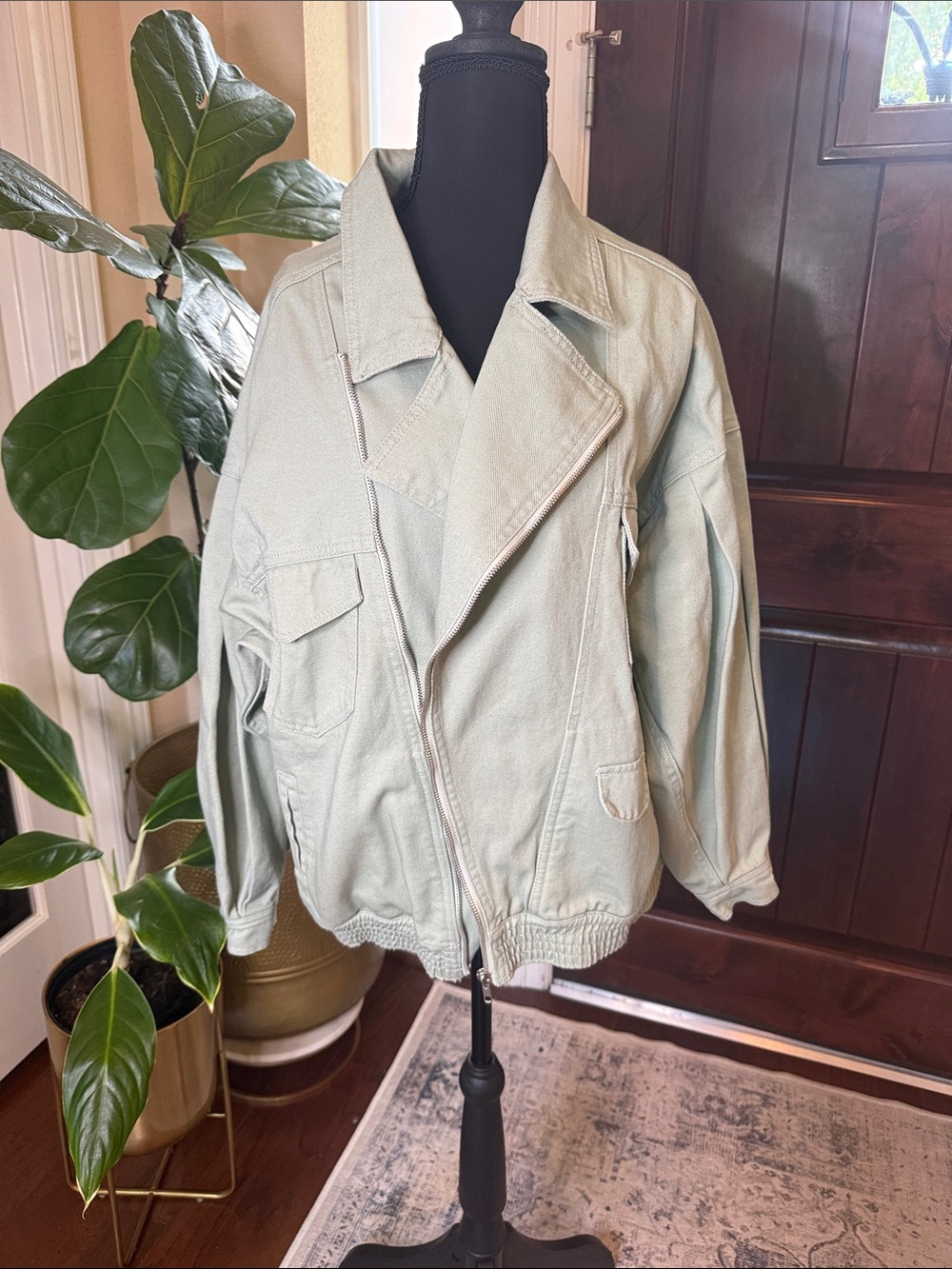 Gianni Bini New Oversized Denim Sage Utility, Asymmetrical, Moto Jacket Size S